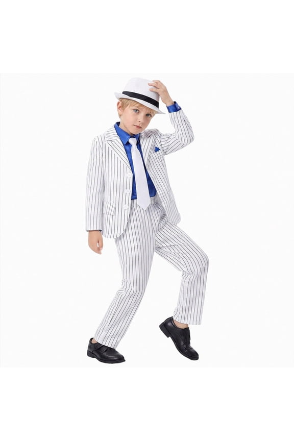 Boys Formal Suit Costume with White Hat Halloween Carnival 80s 90s Dance Party Outfit Set for Kids 8-13Y