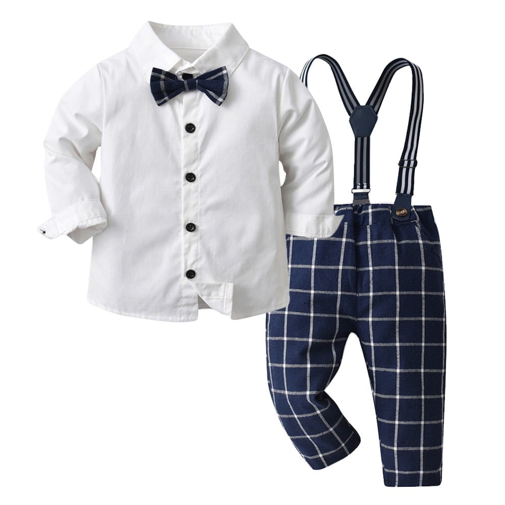 Boys Gentleman Outfits Set, Toddler Dress Shirt with Bowtie + Suspender Pants, Baby Boy Clothes Suits, 6 Months-7 Years