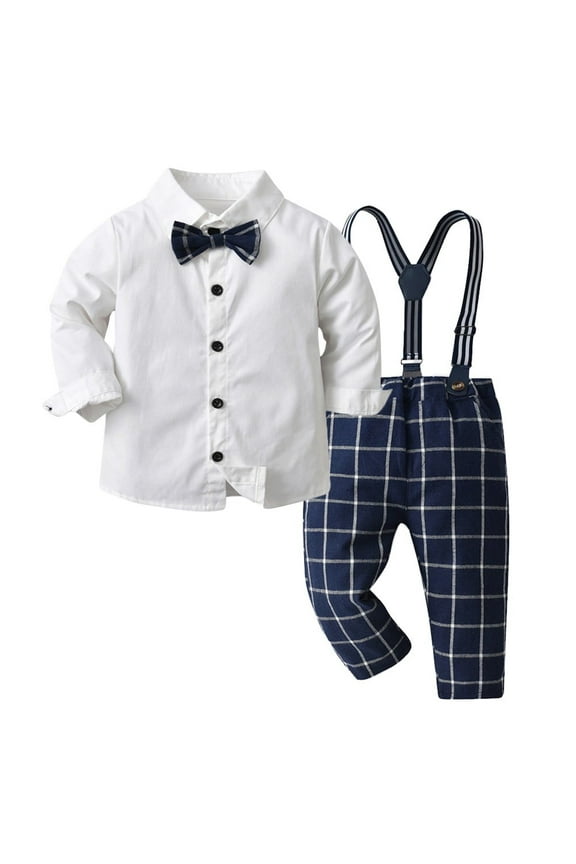 Boys Gentleman Outfits Set, Toddler Dress Shirt with Bowtie + Suspender Pants, Baby Boy Clothes Suits, 6 Months-7 Years
