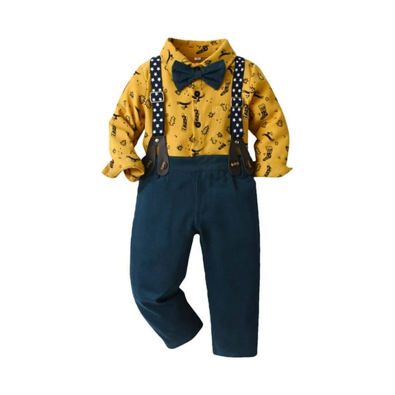 Boys Gentleman Outfits Toddler Kid Cotton Christmas Party Dress Suit Bowtie Long Sleeve Shirt with Suspenders Pants (1 Year, Yellow)