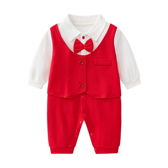 Boys Gentleman Romper Jumpsuit Long Sleeve Bowtie formal Tuxedo Suit