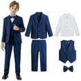 thumbnail image 1 of Boys Gentlemen British Tuxedo Suit 5 PCS Wedding Ring Bearer Outfits Blazer Dress Shirts Pants Vest Formal Dresswear 12 Months, Blue, 1 of 7