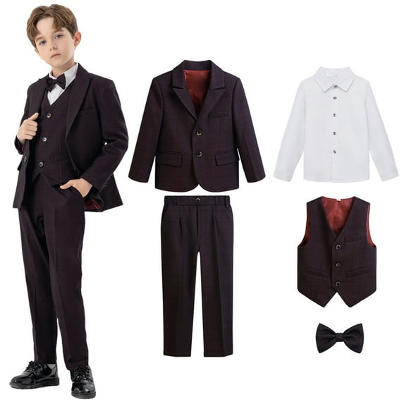 Boys Gentlemen British Tuxedo Suit 5 PCS Wedding Ring Bearer Outfits Blazer Dress Shirts Pants Vest Formal Dresswear 13 Years, Wine