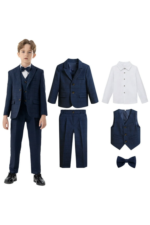 Boys Gentlemen British Tuxedo Suit 5 PCS Wedding Ring Bearer Outfits Blazer Dress Shirts Pants Vest Formal Dresswear 6 Years, Navy
