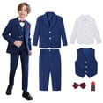 thumbnail image 1 of Boys Gentlemen Tuxedo Suit 6 PCS Wedding Ring Bearer Outfits Blazer Dress Shirts Pants Vest Pocket Squares Dresswear 5 Years, Navy, 1 of 7