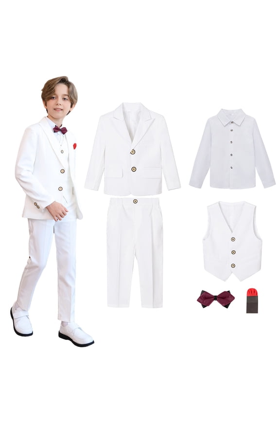 Boys Gentlemen Tuxedo Suit 6 PCS Wedding Ring Bearer Outfits Blazer Dress Shirts Pants Vest Pocket Squares Dresswear 9 Years, White