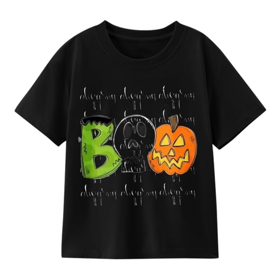 Boys Ghost Pumpkin Letter Trio Halloween T-Shirt, Spooky Graphic Short Sleeve Shirt for Fall and Seasonal Wear