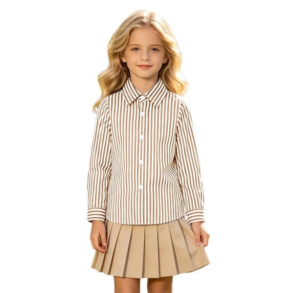 Boys Girl Long‑Sleeve Button‑Down Collared Striped Shirt,Kids School Uniform Summer Going‑Out Top,4‑13Y