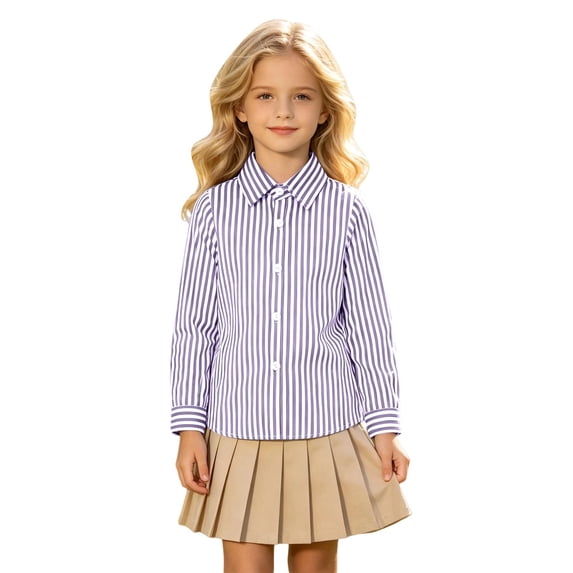 Boys Girl Long‑Sleeve Button‑Down Collared Striped Shirt,Kids School Uniform Summer Going‑Out Top,4‑13Y