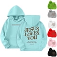 thumbnail image 1 of Boys Girl's Christian Graphic Hoodie Letter Jesus Loves You Hoodies for Kids Faith Religious Hooded Sweatshirts Pullover Tops Blue 9-10 Years, 1 of 9