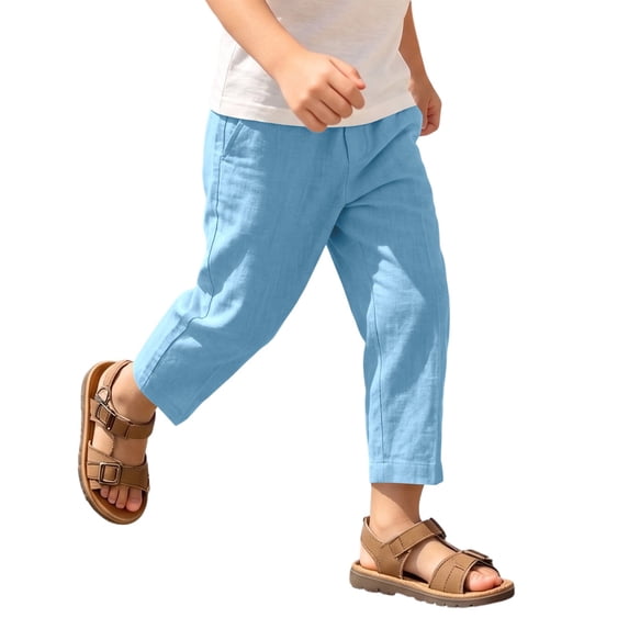 Boys Girls 100% Cotton Linen Lightweight Pants Pull On Joggers Active Pants for Kids