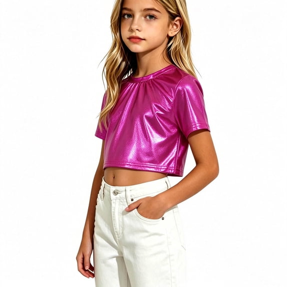 Boys Girls 2-15 Years Shiny Metallic Cropped T-Shirt Short Sleeve Round Neck Performance Top Hot Pink 14 Years