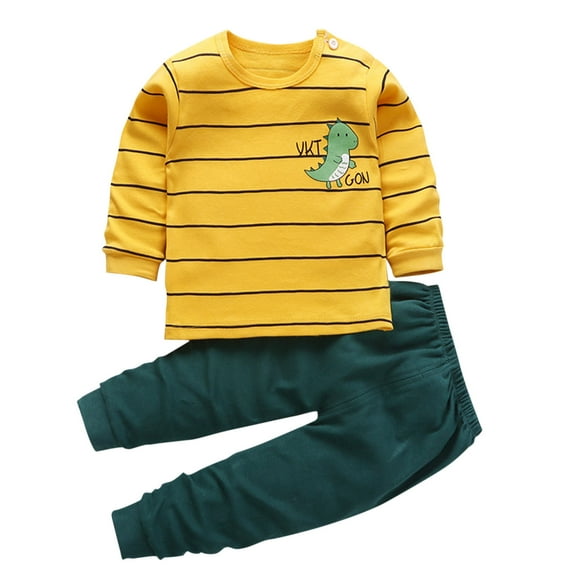 Boys Girls 2 Piece Fall Clothes Set Button Shoulder Sweatshirt Pants Kids Thermal Underwear Sets Print Fall Winter Sleepwear, Yellow, 3 Months