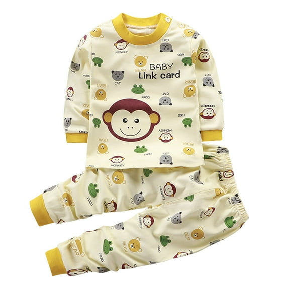 Boys Girls 2 Piece Fall Clothes Set Button Shoulder Sweatshirt Pants Kids Thermal Underwear Sets Print Fall Winter Sleepwear, Yellow, 6 Months