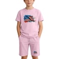 thumbnail image 1 of Boys Girls Two Piece Outfits Independence Day USA Flag Print Set Crew Neck Short Sleeve Tees Elastic Waist Shorts (11 Years, Pink), 1 of 9