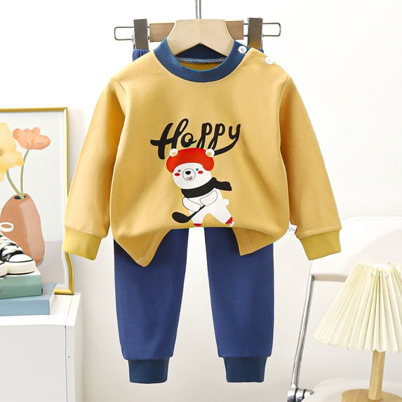 Boys Girls 2 Piece Outfits, Kids Cotton Long Sleeve Crew Neck Top and Long Pants Set, Children Fashion Print Casual Loose Autumn Winter Indoor Loungewear | TruHer,Multicolor 2-3 Years