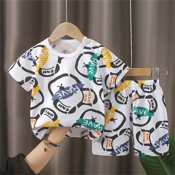 Boys Girls 2‑Piece Outfits, Short Sleeve Round Neck T‑Shirt and Shorts Set, Versatile Kids Outfit for Home Wear and Casual Playtime | Akmoler,White 2 Years