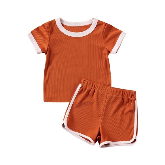 Boys Girls 2 Piece Summer Outfit Ribbed T-Shirt and Elastic Waist Short Sets Clothing for Kids Ages 1-6 Years