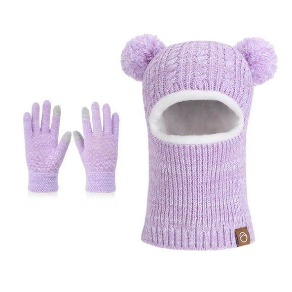 Boys Girls 2-Piece Winter Set 4-10Y - Fleece-Lined Beanie with Pom-Pom, Gloves and Face Cover and Scarf 2 in 1 Outdoor Play & School Commutes