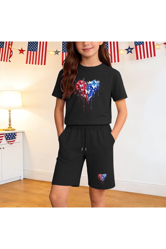 Boys & Girls 3-15Y Stylish Tracksuit Set Comfy 2026 Summer 4th of July Pattern Black 5-6 Years