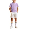 thumbnail image 1 of Boys Girls 3 Piece Loose Outfit Set Short Sleeve Lapel Top Elastic Waist Shorts and Striped Knee High Socks Casual Matched Clothing Set, 1 of 9