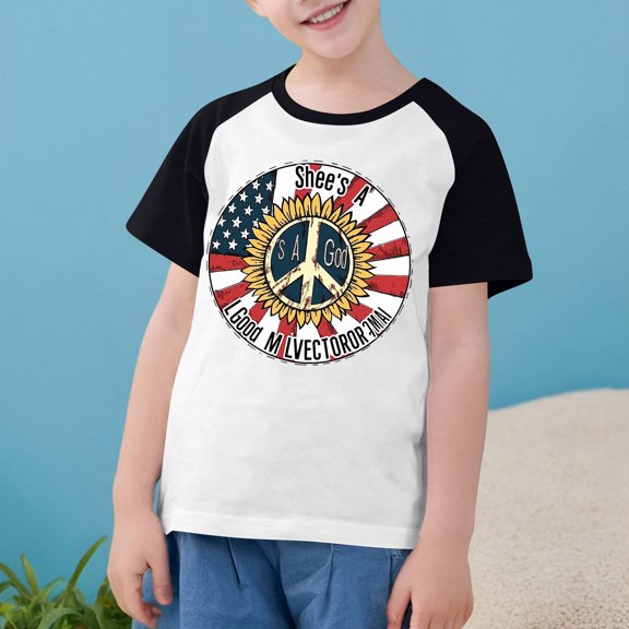 Boys Girls 4Th Of July Shirts 2025 Independence Day Flag Print Tees Summer Casual Raglan Short Sleeve Round Neck Top Black 7-8 Years