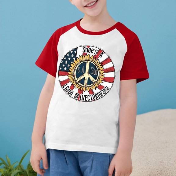 Boys Girls 4Th Of July Shirts 2025 Independence Day Flag Print Tees Summer Casual Raglan Short Sleeve Round Neck Top Red 9-10 Years
