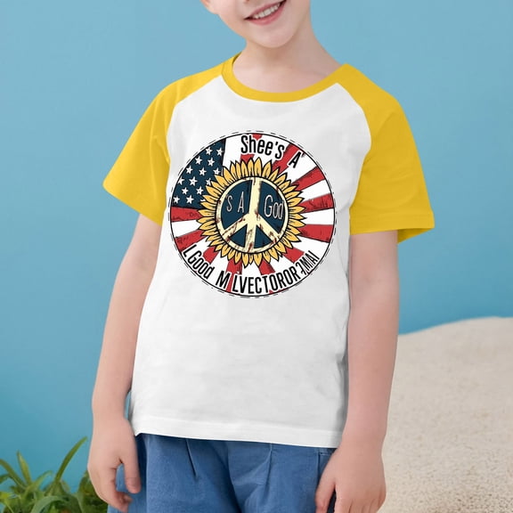 Boys Girls 4Th Of July Shirts 2025 Independence Day Flag Print Tees Summer Casual Raglan Short Sleeve Round Neck Top Yellow 3-4 Years