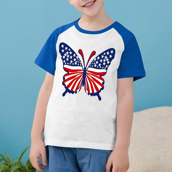 Boys Girls 4Th Of July Shirts Kids Independence Day Flag Print Raglan Sleeve Tees Summer Casual Round Neck Short Sleeve Tops Blue 9-10 Years