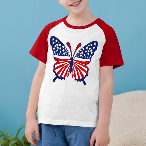 Boys Girls 4Th Of July Shirts Kids Independence Day Flag Print Raglan Sleeve Tees Summer Casual Round Neck Short Sleeve Tops Red 5-6 Years
