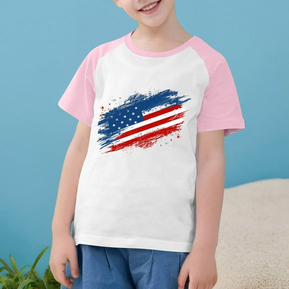 Boys Girls 4Th Of July Tees Kids Independence Day Flag Print Blouse Casual Raglan Short Sleeve Round Neck Tees Pink 11-12 Years
