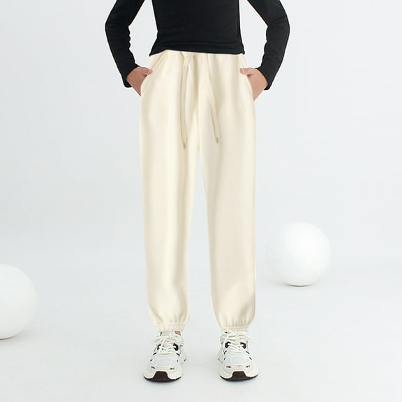 Boys Girls Active Pants Jogger Sweatpants With Pockets Kids Trousers Casual Solid Pants Loose Fit Boys Pants Beige 6-7 Years