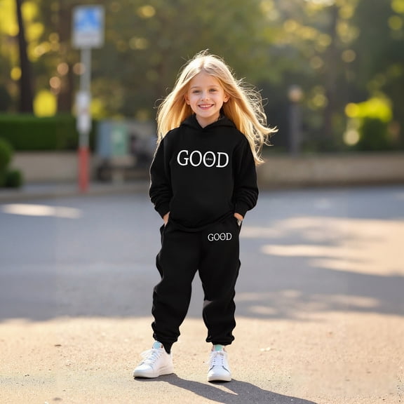 Boys Girls Active Sweatsuit 2 Piece Long Sleeve Letter Printing Black Hoodie Jogger Set Fall Clothes 2T Girls Outfits