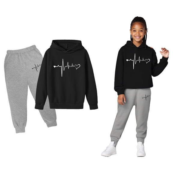 Boys Girls Active Sweatsuit 2 Piece Long Sleeve Printed Pullover Hoodie Sweatshirt Jogging Pants Warm Fall Winter Clothes Teen Girls Clothes 12-13 Years Boys Girls Fashion