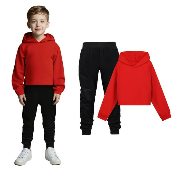 Boys Girls Active Sweatsuit 2 Piece Long Sleeve Red Hooded Sweatshirt Sweatpants Set Warm Fall Winter Clothes Clothes for 9-10 Years Old Girls Boys Girls Fashion