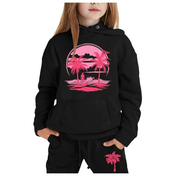 Boys Girls Active Sweatsuit 2PC Long Sleeve Printed Hooded Sweatshirt Leggings Pants Fall Winter Clothes Size 6-7 Years Girls Clothes Boys Girls Fashion