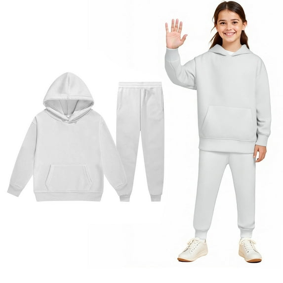 Boys Girls Active Sweatsuit 2PC Long Sleeve White Hooded Sweatshirt and Jogger Sweatpants Fall Clothes Girl Clothes 8-9 Years