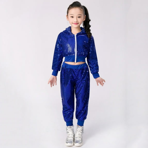 Boys Girls Active Sweatsuit 2pc Girls Sequin Outfit Long Sleeve Blue Cropped Sequin Jacket Pants Set Boy Clothes 4T