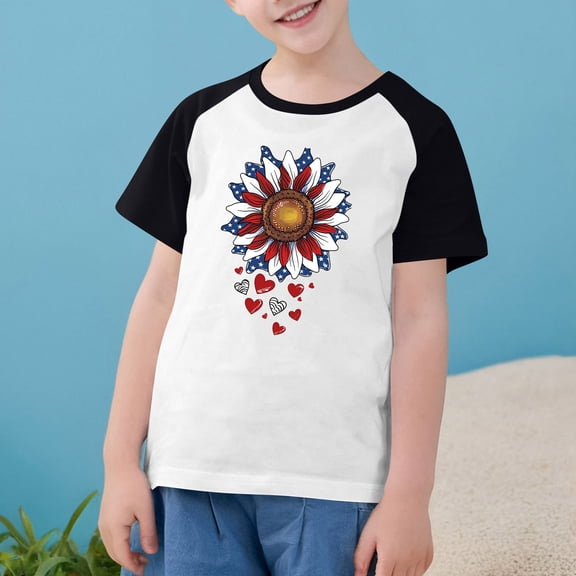 Boys Girls American Flag T-Shirt Cute Independence Day Graphic Tees Loose Round Neck Casual Raglan Short Sleeve Patriotic Top Black 4-5 Years