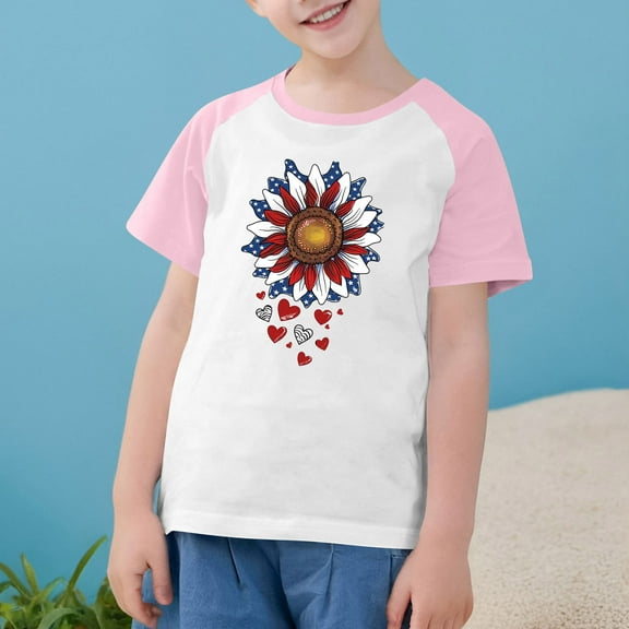 Boys Girls American Flag T-Shirt Cute Independence Day Graphic Tees Loose Round Neck Casual Raglan Short Sleeve Patriotic Top Pink 11-12 Years