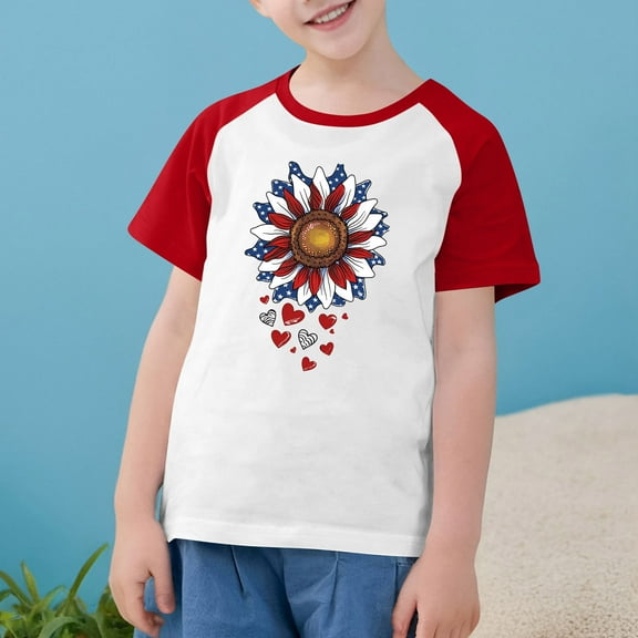 Boys Girls American Flag T-Shirt Cute Independence Day Graphic Tees Loose Round Neck Casual Raglan Short Sleeve Patriotic Top Red 7-8 Years
