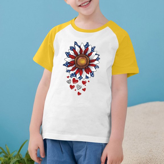 Boys Girls American Flag T-Shirt Cute Independence Day Graphic Tees Loose Round Neck Casual Raglan Short Sleeve Patriotic Top Yellow 7-8 Years