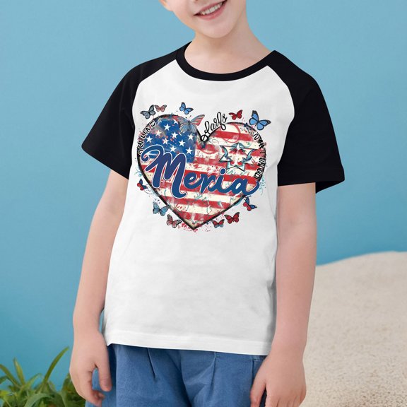 Boys Girls American Flag T-Shirt Independence Day Flag Heart Print Shirt Casual Raglan Short Sleeve Patriotic Top Black 13-14 Years