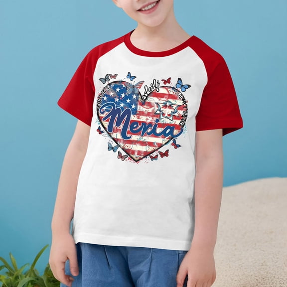 Boys Girls American Flag T-Shirt Independence Day Flag Heart Print Shirt Casual Raglan Short Sleeve Patriotic Top Red 9-10 Years
