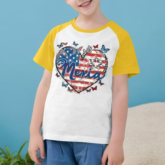 Boys Girls American Flag T-Shirt Independence Day Flag Heart Print Shirt Casual Raglan Short Sleeve Patriotic Top Yellow 7-8 Years