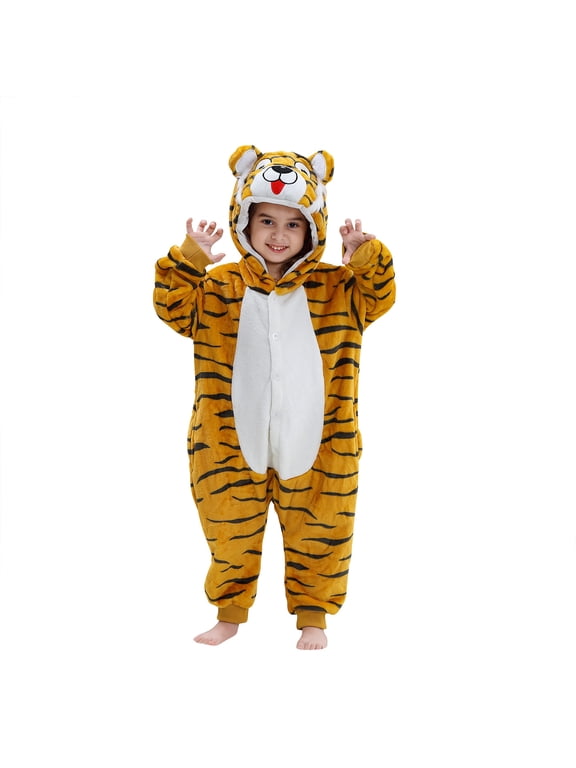 Boys Girls Animal Hooded Jumpsuit Pajamas Kids Soft Flannel Onesie Romper Cosplay Tiger Costume Sleepwear 3-12Years ,Yellow ,4 Years