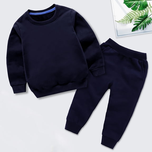 Boys Girls Autumn Solid Color Cotton Long Sleeve Round Neck Sweatshirt Set Crop Top And Sweatpants