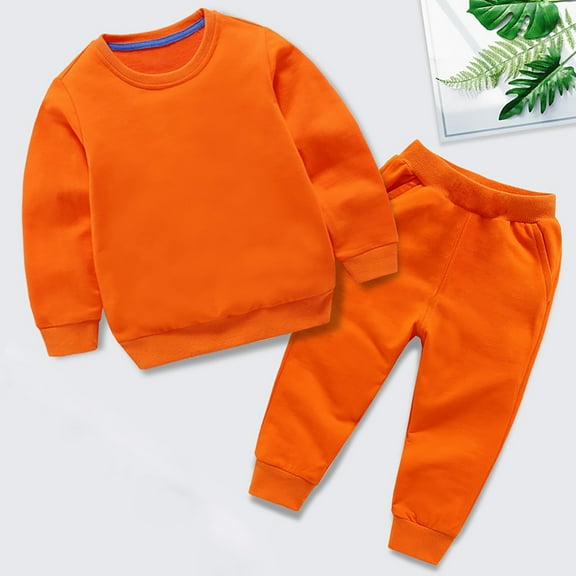 Boys Girls Autumn Solid Color Cotton Long Sleeve Round Neck Sweatshirt Set Crop Top And Sweatpants