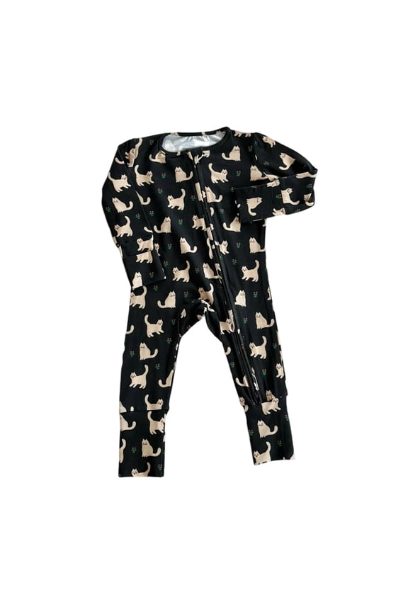 Boys Girls Baby Jumpsuit Unisex Long Sleeve Crewneck Footed Sleeper With Cat Print Full Zipper Closure Pockets For Infant Daily Casual Wear