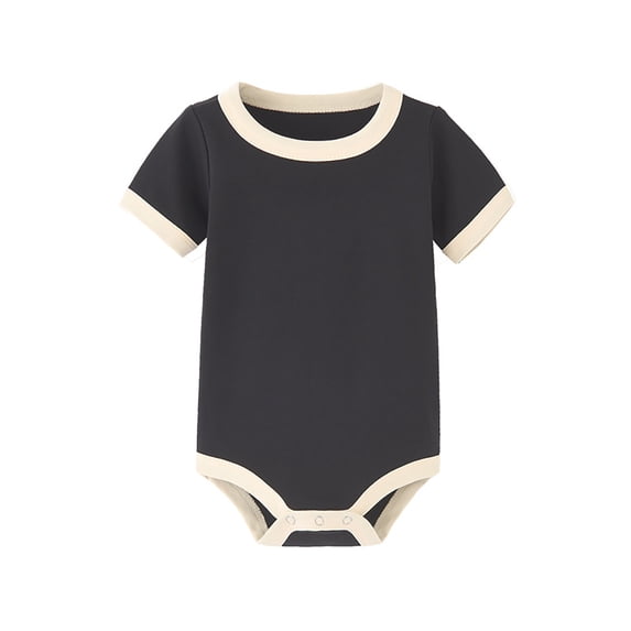 Boys Girls Baby Jumpsuit Unisex Short Sleeve Crewneck Ribbed Knit Bodysuit With Contrast Trim Snap Closure For Infant Daily Layering Wear$